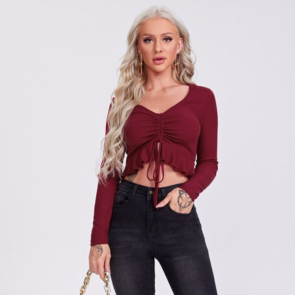

Ruched Drawstring Front Peplum Top, Maroon