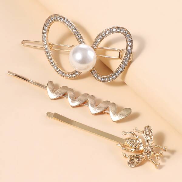 

3pcs Faux Pearl & Rhinestone Decor Hair Clip, Gold