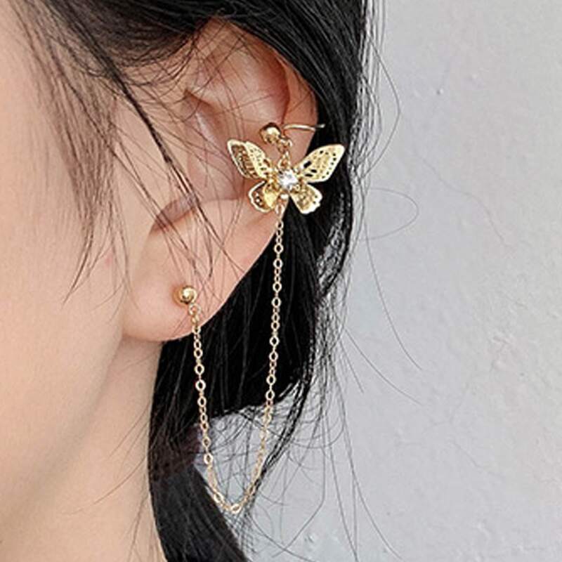 

1pc Butterfly Chain Ear Cuff, Gold