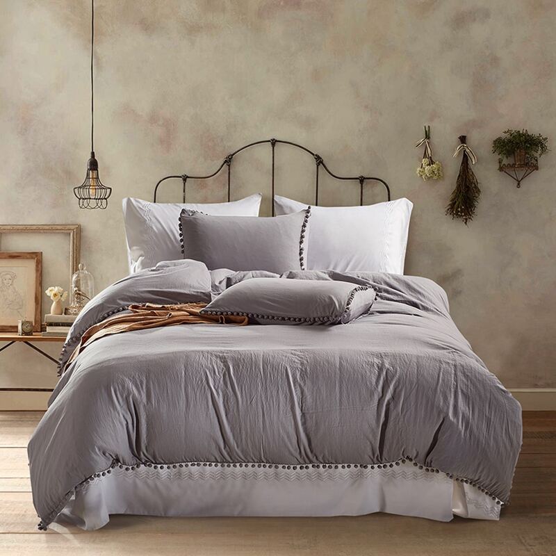 

Pom Pom Decor Bedding Set Without Filler, Light grey