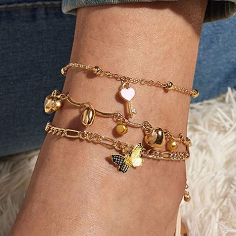 

3pcs Heart & Butterfly Anklet, Gold