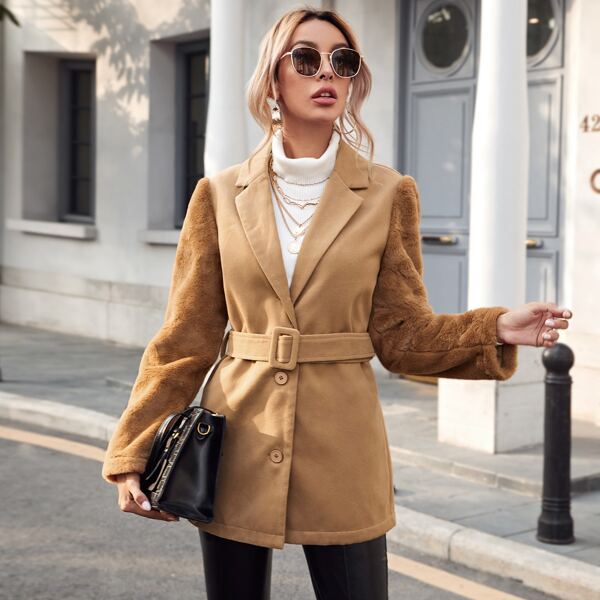 

Teddy Sleeve Self Belted Coat, Camel