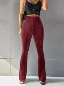 SHEIN EZwear Solid Flare Leg Velvet Pants - Burgundy - View 1
