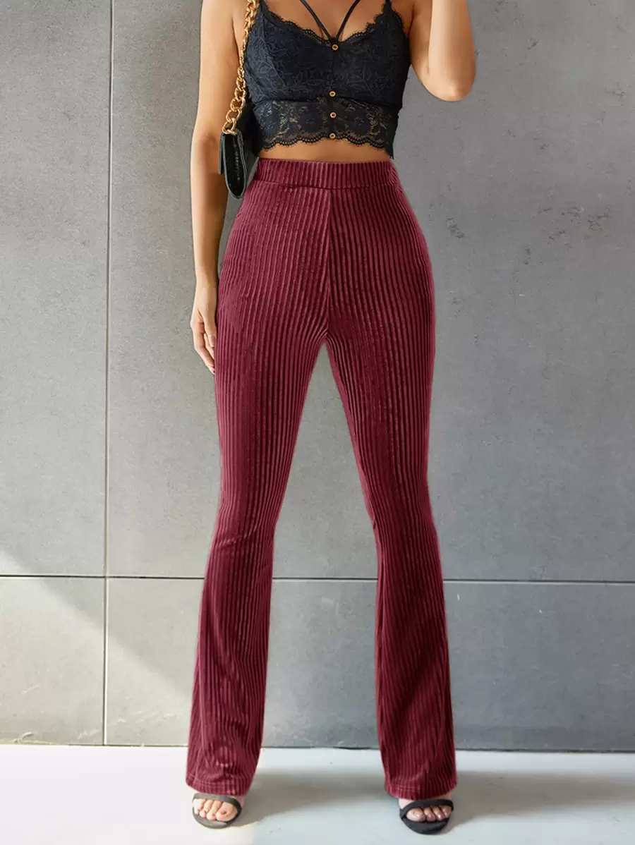 SHEIN EZwear Solid Flare Leg Velvet Pants - Burgundy - View 1