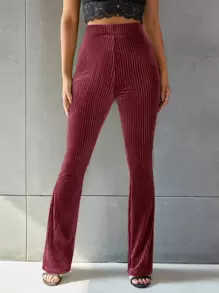 SHEIN EZwear Solid Flare Leg Velvet Pants - Burgundy - View 3