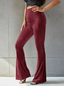 SHEIN EZwear Solid Flare Leg Velvet Pants - Burgundy - View 4