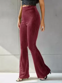 SHEIN EZwear Solid Flare Leg Velvet Pants - Burgundy - View 5