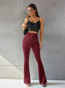 SHEIN EZwear Solid Flare Leg Velvet Pants - Burgundy - View 6