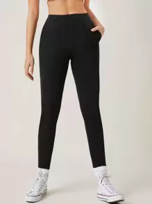 SHEIN BASICS Pantalones ajustados con bolsillo oblicuo - Negro - Ver 1