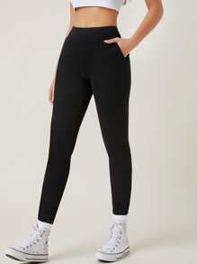 SHEIN BASICS Pantalones ajustados con bolsillo oblicuo - Negro - Ver 3