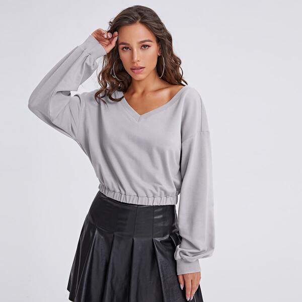 

V-neck Drop Shoulder Solid Pullover, Light grey