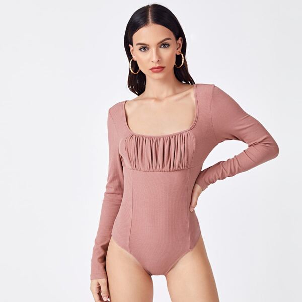 

Ruched Bust Solid Bodysuit, Pastel dusty pink