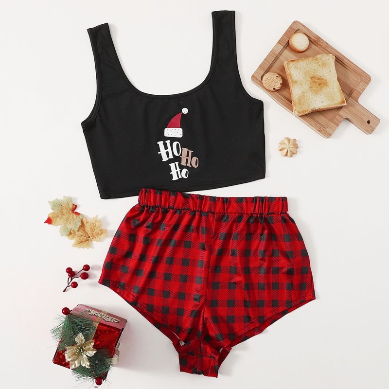 

Christmas & Letter Graphic Tank Top With Gingham Shorts Pajama Set, Multicolor