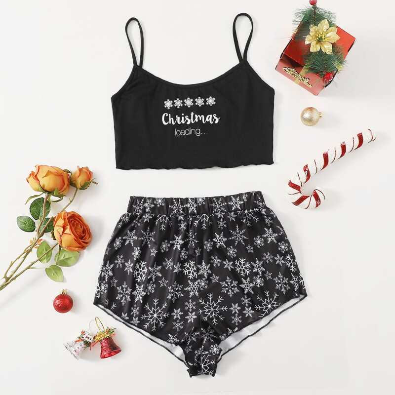 

Christmas Snowflake Print Pajama Set, Black and white