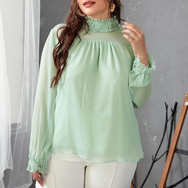 

Plus Frill Trim Chiffon Blouse, Mint green