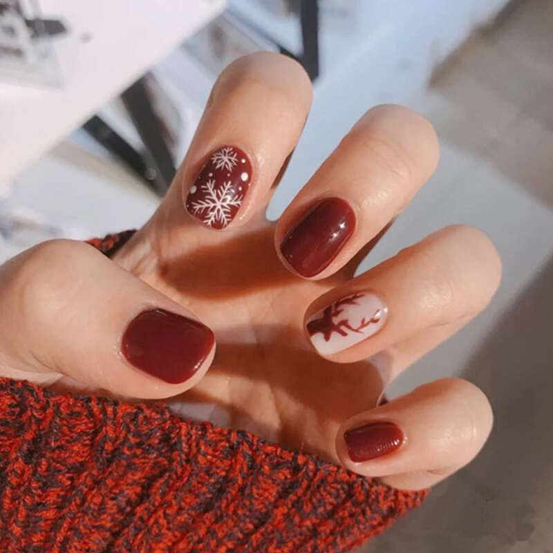 

24pcs Christmas Fake Nail & 24pcs Tape, Burgundy