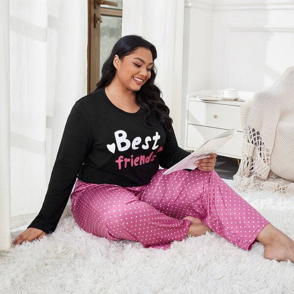 

Plus Letter Graphic Tee & Polka Dot Pants Pajama Set, Multicolor