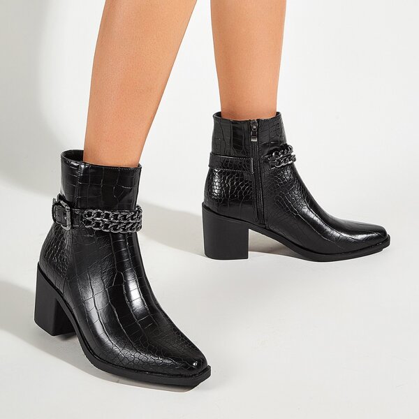 

Chain Decor Croc Embossed Chunky Heeled Boots, Black