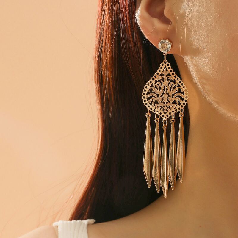 

Hollow Water Drop & Tassel Drop Earrings, Gold