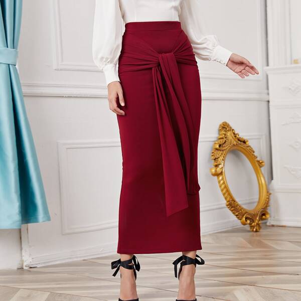 

Tie Front Split Back Skirt, Burgundy