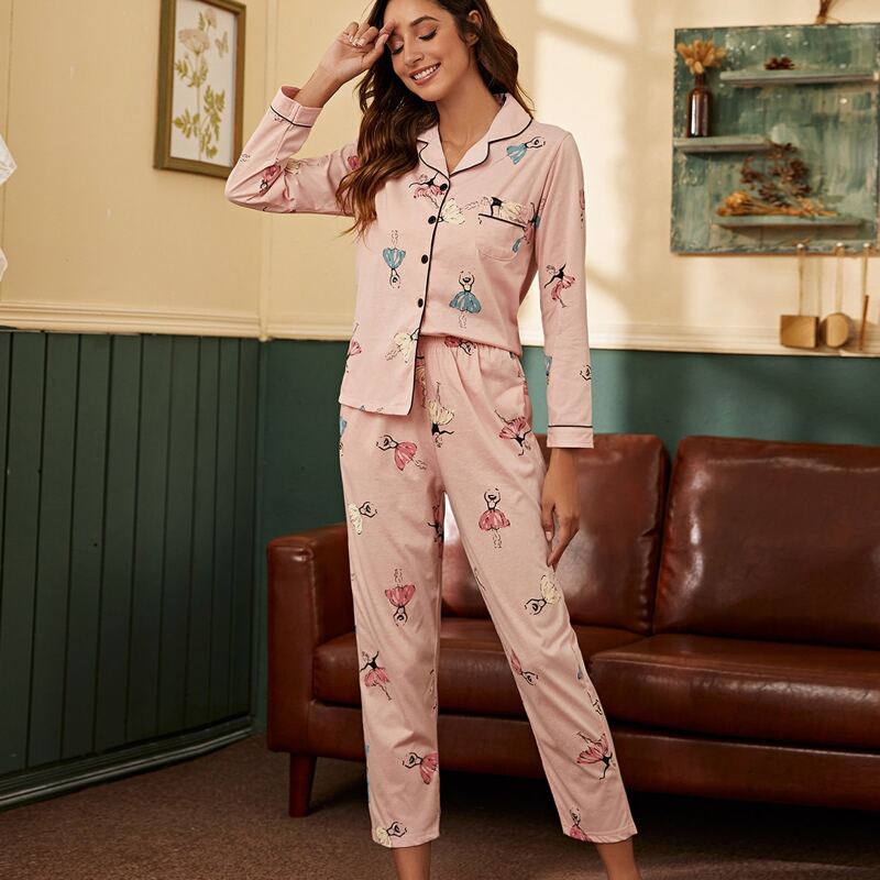 

Figure Print Contrast Binding Pajama Set, Baby pink