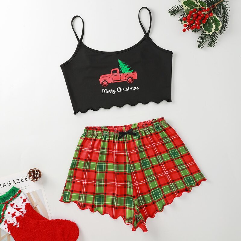 

Lettuce Trim Christmas & Plaid Print Pajama Set, Multicolor