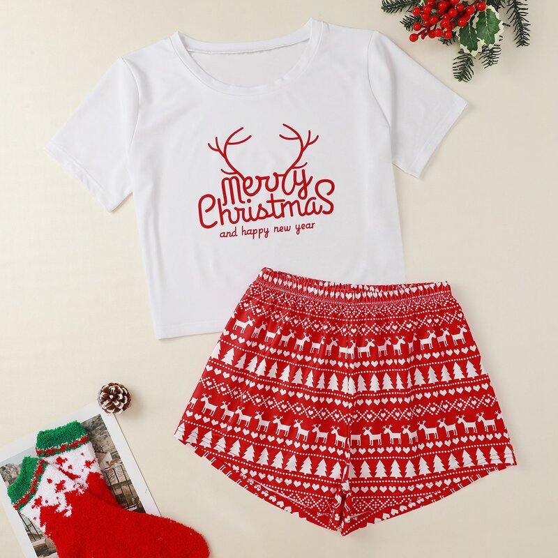 

Christmas & Slogan Graphic PJ Set, Red and white