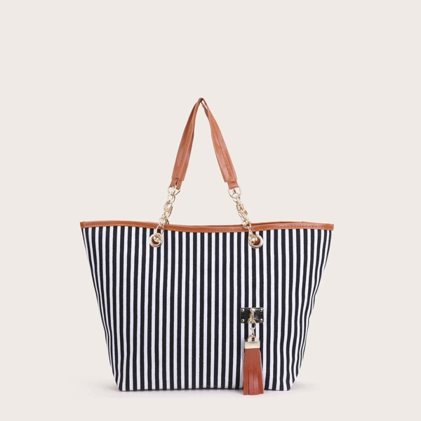 

Tassel Decor Striped Shoulder Tote Bag, Black and white