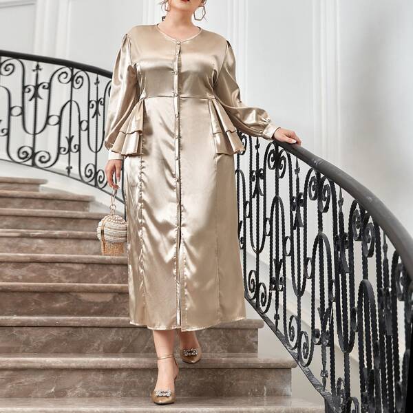 

Plus Ruffle Trim Satin Fitted Dress, Champagne