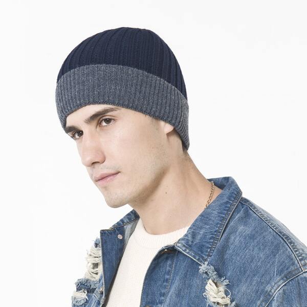 

Men Contrast Trim Knit Beanie, Navy blue