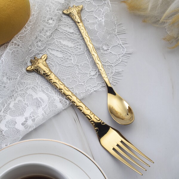 

2pcs Giraffe Design Spoon & Fork Set, Gold