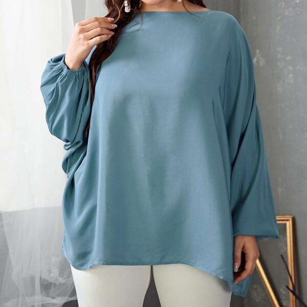 

Plus Boat Neck Batwing Sleeve Blouse, Dusty blue