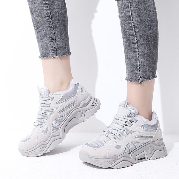 

Lace-up Front Mesh Panel Plush Inside Chunky Sneakers, Grey