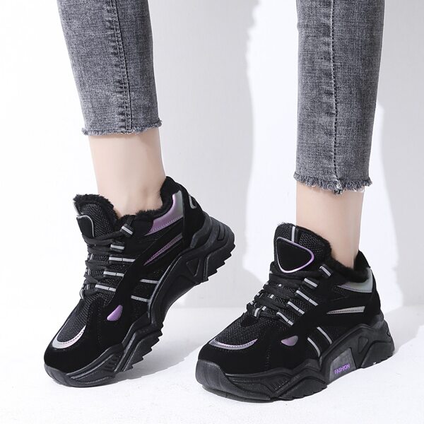 

Lace-up Front Mesh Panel Plush Inside Chunky Sneakers, Black