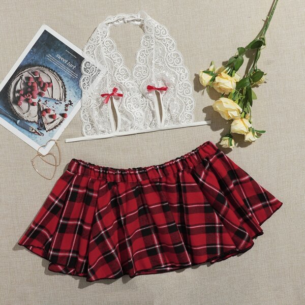 

Plus Tartan Floral Lace School Costume Set, Multicolor