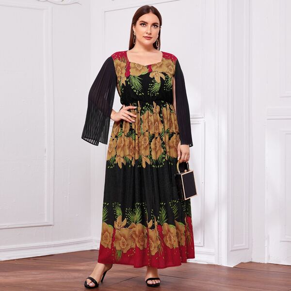 

Plus Floral Sweetheart Clock Sleeve Split Hem Maxi Dress, Multicolor