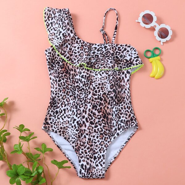 

Girls Leopard Ruffle One Piece Swimsuit, Multicolor