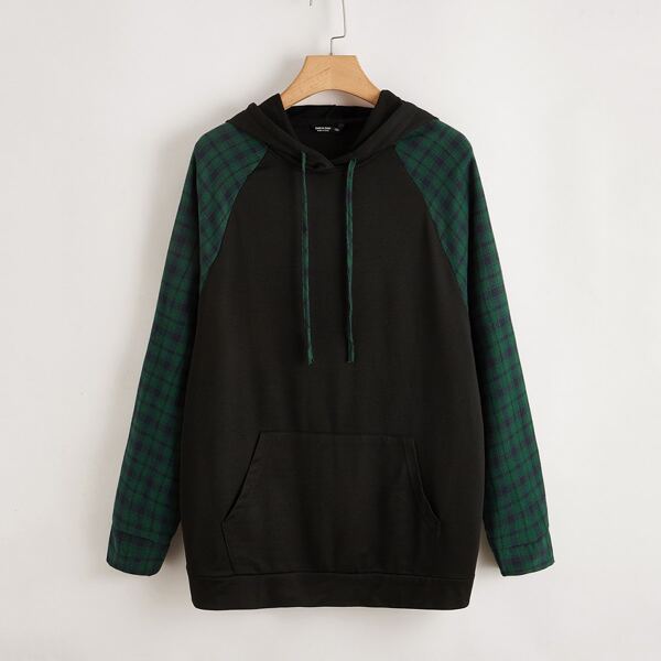 

Plus Plaid Kangaroo Pocket Drawstring Hoodie, Black