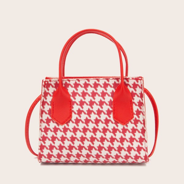 

Houndstooth Pattern Satchel Bag, Red