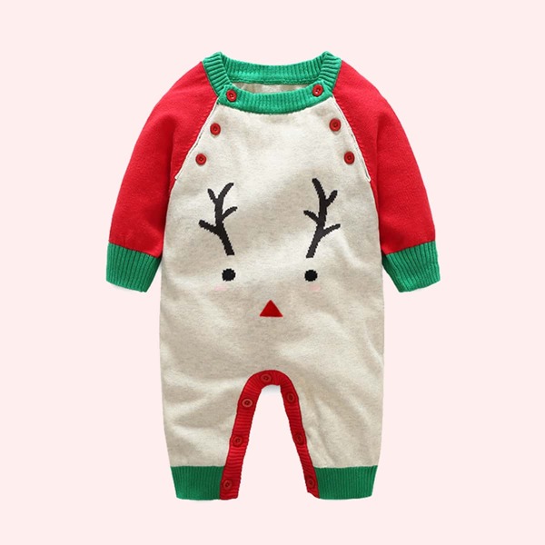 

Baby Unisex Colorblock Christmas Pattern Knit Jumpsuit, Multicolor