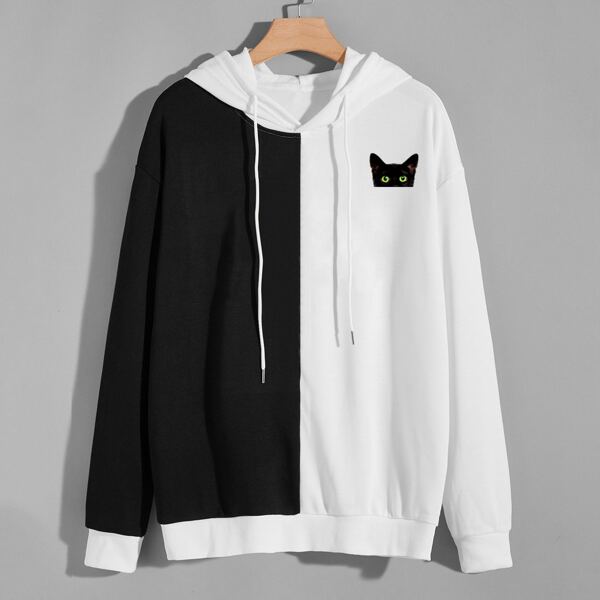

Men Two Tone Cartoon Graphic Drawstring Hoodie, Black and white
