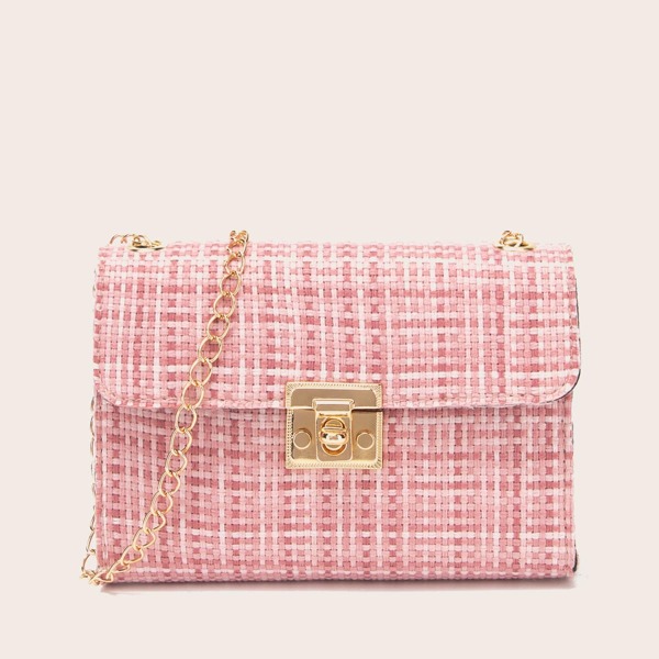 

Metal Lock Chain Tweed Crossbody Bag, Pink