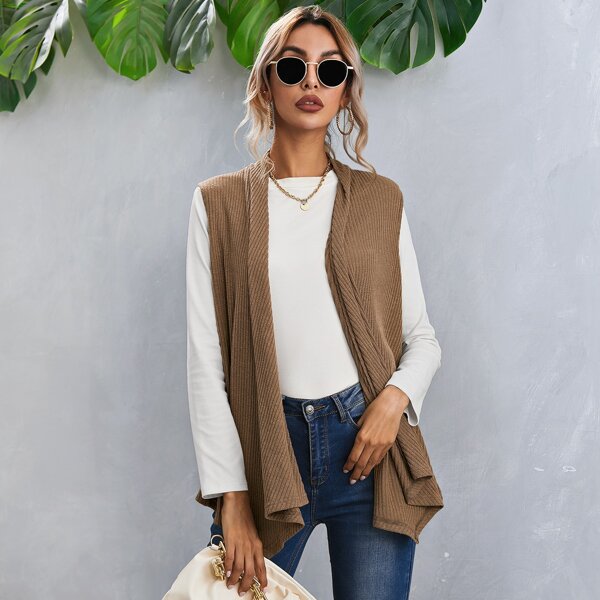 

Waterfall Collar Open Front Vest Coat, Mocha brown