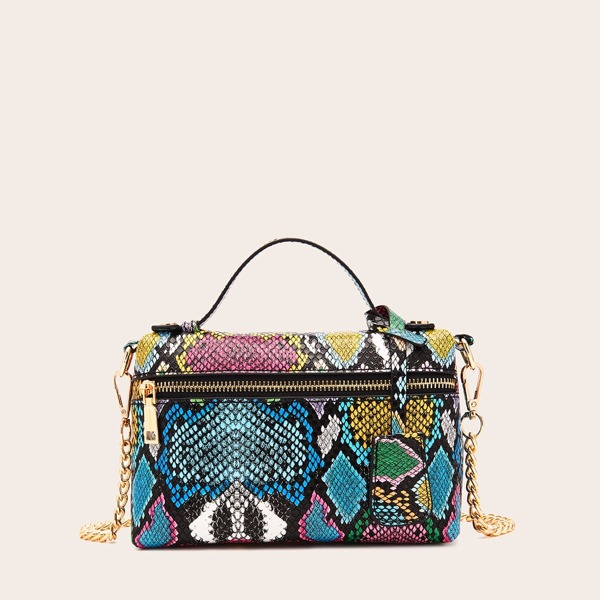 

Snakeskin Print Chain Satchel Bag, Multicolor