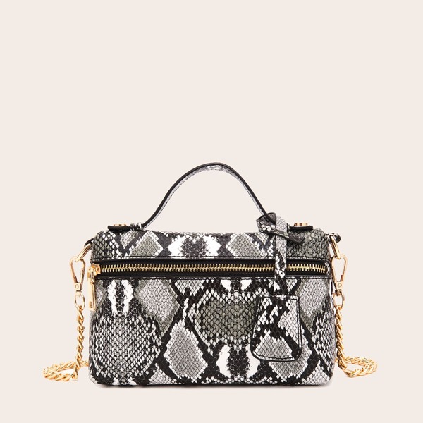 

Snakeskin Print Chain Satchel Bag, Grey