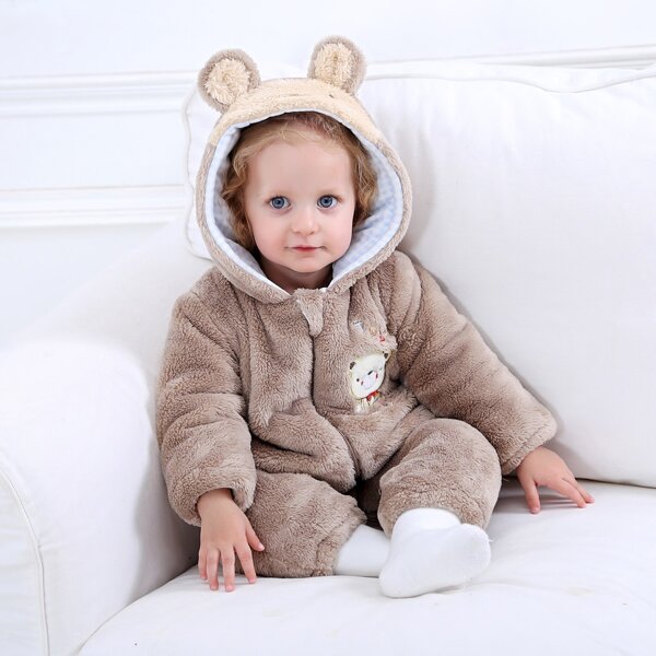 

Baby Boy 3D Ear Design Cartoon Embroidered Teddy Onesie, Khaki