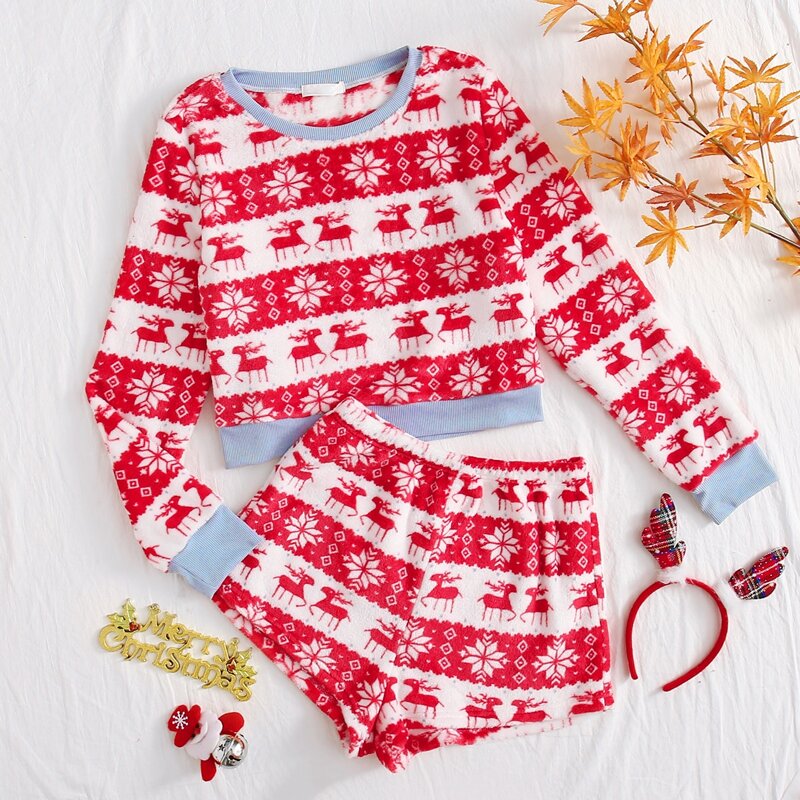 

Christmas Ugly Pattern Sweatshirt & Shorts PJ Set, Red and white