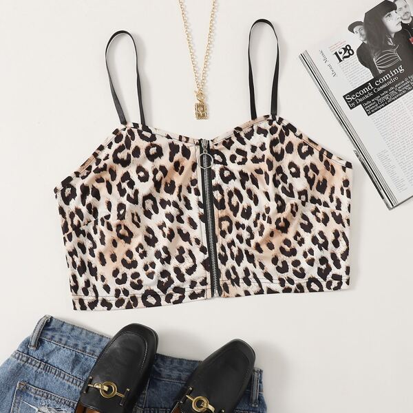 

Plus O-ring Zipper Leopard Crop Cami Top, Multicolor