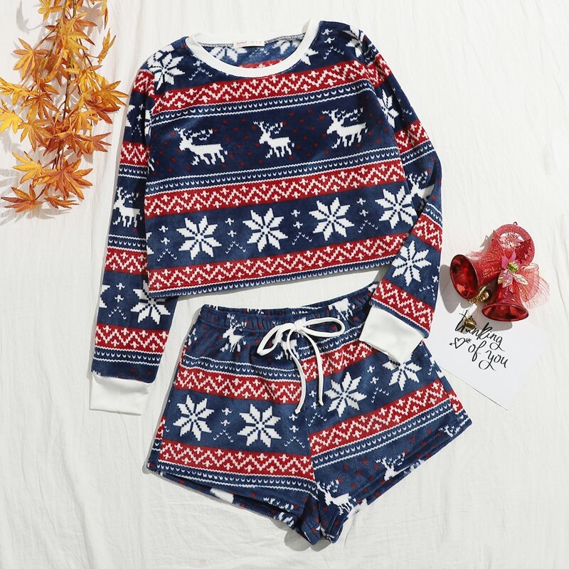 

Christmas Ugly Pattern Shorts PJ Set, Navy blue