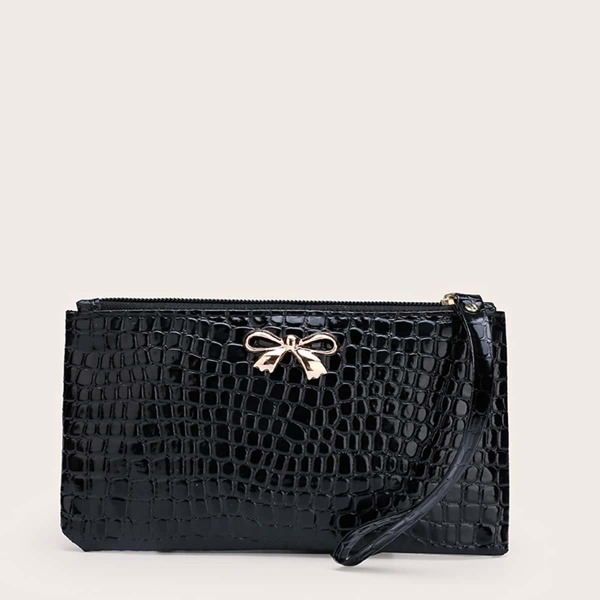 

Metal Bow Decor Clutch Bag With Wristlet, Black